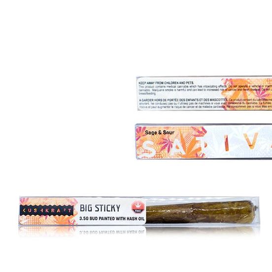 Close-up of a Big Sticky Joint Sativa 3.5G, featuring a hefty 3.5g blunt glistening with full-spectrum hash oil over strain-specific sativa bud.