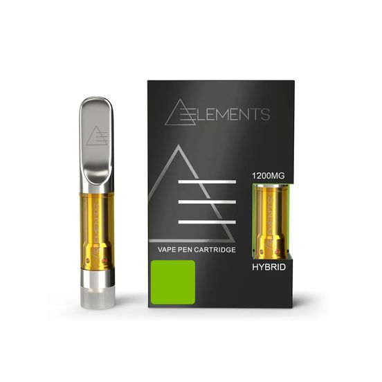 Close-up of an Elements Vape Cartridge Hybrid (1.2G), featuring a sleek 510-thread cartridge filled with golden THC distillate, ready for vaping.