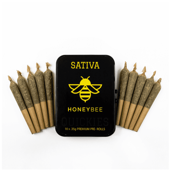 Close-up of Honeybee Quickies Pre-Rolls 10 Pack Sativa, featuring ten 0.35g strain-specific joints neatly packed, ready for a premium smoke.