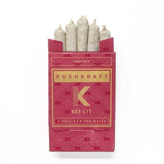 Close-up of KushKraft Pre-Rolls 5-Pack Sativa, featuring five neatly rolled joints with Raw papers and filter tips, packed with strain-specific bud.