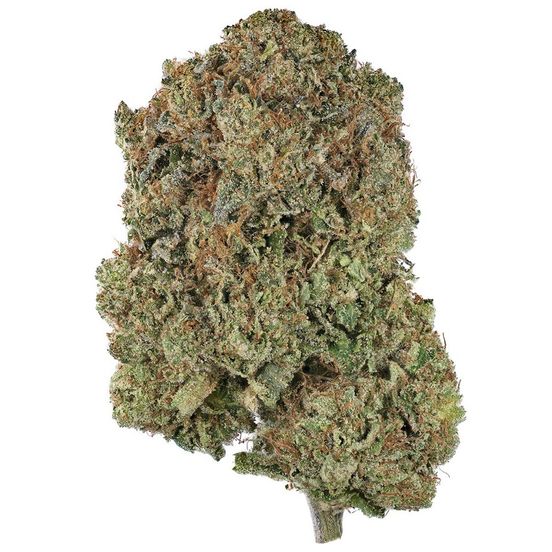Close-up of Pink Wagyu AAAA Indica buds, showcasing dense, forest-green nugs with pink undertones, orange hairs, and a frosty layer of pink-tinted trichomes