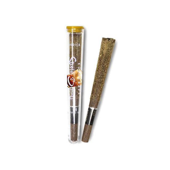 Close-up of a Shatter Blunt - 1g Indica, featuring a tightly rolled joint infused with vibrant Blueberry essence and Royal Runtz shatter glistening within.